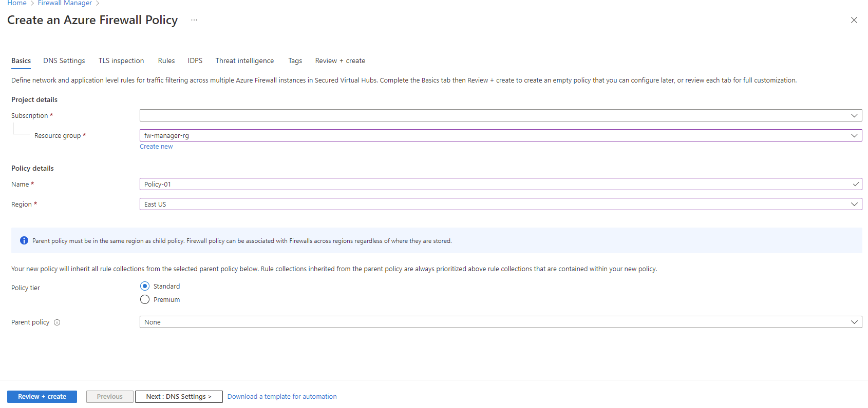 Screenshot of configuring Azure Policy settings in first step.